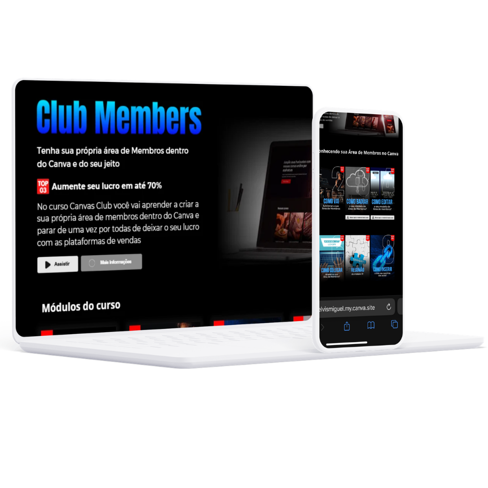 Pré-visualização da área de membros Club Members em notebook e celular.